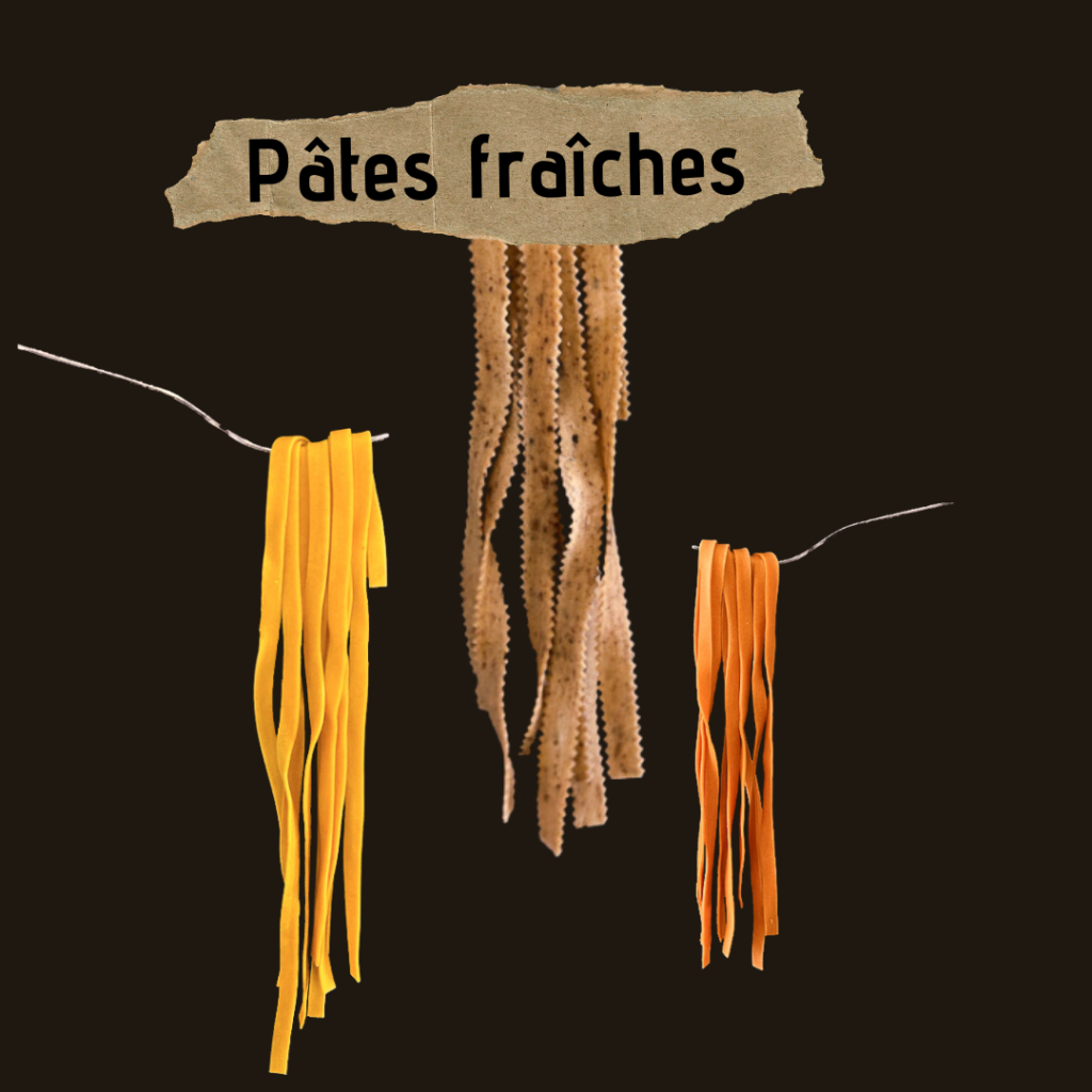 assemblage de mafaldines aux shiitakés, de tagliatelles paprika et de tagliatelles curcuma